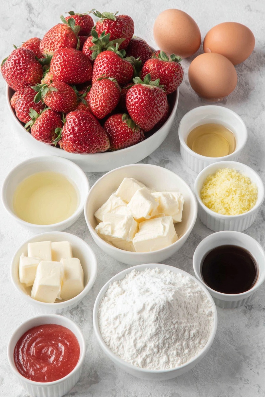 Flat lay of fresh whole strawberries, a small white bowl of fine granulated sugar, a small white bowl with bright yellow lemon zest, a small white bowl of fresh lemon juice, a small white bowl of pale tapioca starch, a small white bowl with translucent rose water, a small white bowl of softened unsalted butter, a small white bowl of golden canola oil, a small white bowl of clear vanilla extract, two large whole brown eggs with clean shells, a small white bowl of fine sea salt, a small white bowl of baking powder, a small white bowl of pale cake flour, a small white bowl of pink strawberry kefir, a small white bowl of strawberry rose reduction with a rich pink color, a small white bowl of softened cream cheese, a small white bowl of organic powdered sugar placed on a clean white marble surface, soft natural light, photo taken with an iPhone, professional food photography style, fresh ingredients, white ceramic bowls, no bottles, no duplicates, no utensils, no packaging --ar 2:3 --v 7 --p m7354615311229779997 - Strawberry Rose Cake, Elegant strawberry cake with rose water, Fresh strawberry dessert recipe, Light and fluffy rose-infused cake, Summer berry cake ideas