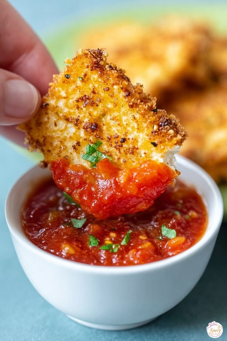 A close-up image showing a woman's hand holding a crispy golden-brown snack piece, dipped partly into a small white bowl filled with bright red chunky sauce topped with small green herb pieces. The snack piece has a rough texture with visible seasoning and spice bits. The bowl sits on a pale blue surface with a slightly blurry green and yellow background. The photo taken with an iphone --ar 2:3 --v 7 - Toasted Ravioli Air Fryer, Crispy Toasted Ravioli, Air Fryer Appetizer, St. Louis Toasted Ravioli, Easy Air Fryer Snacks