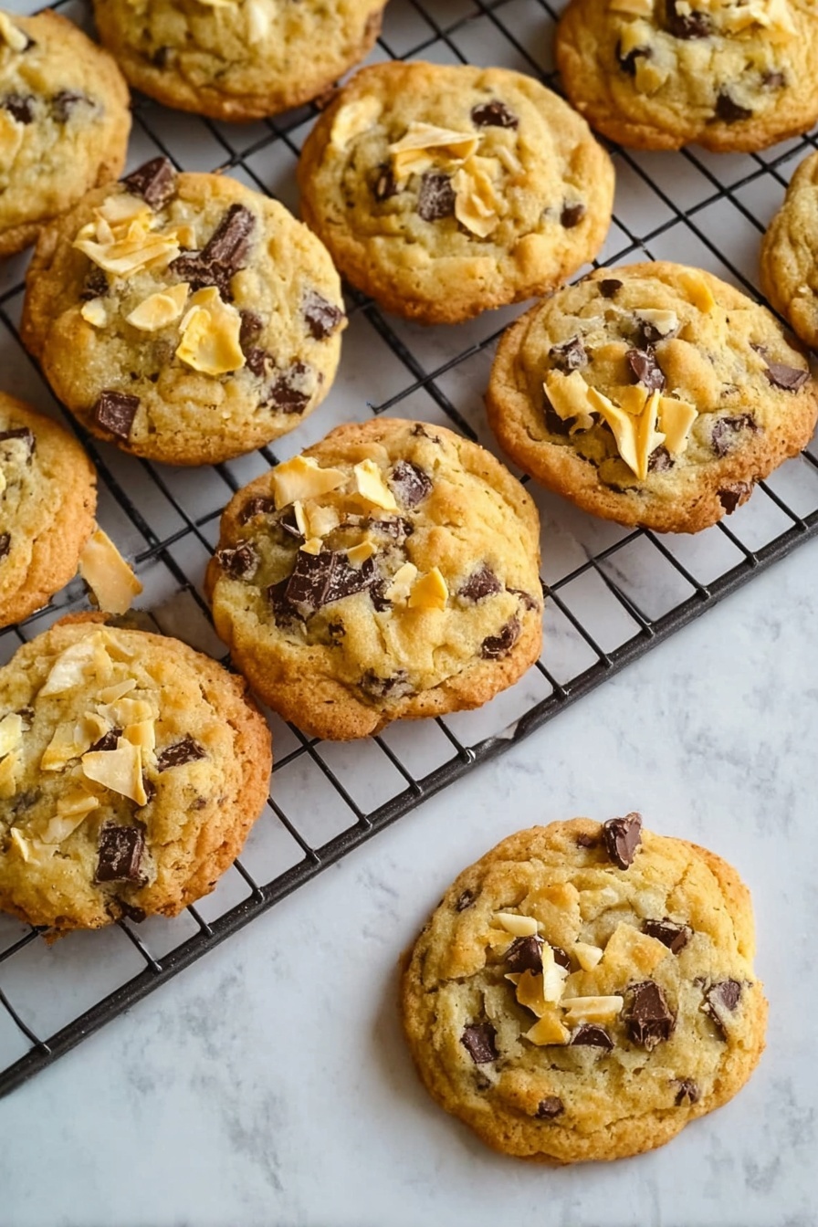 Several round cookies rest on a black wire cooling rack placed on a white marbled surface. Each cookie has a golden-brown color with a slightly rough texture, topped with small, uneven pieces of light yellow potato chips and dark chocolate chips scattered throughout. The cookies look soft but firm and are spaced evenly on the rack. Photo taken with an iphone --ar 2:3 --v 7 - Potato Chip Cookies with Chocolate, salty sweet cookies, easy potato chip cookies, chocolate chip cookies with potato chips, unique cookie recipes
