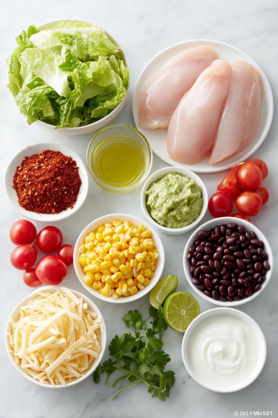 Flat lay of a fresh raw small chicken breast, a small pile of vibrant reddish-brown taco seasoning powder, a small white bowl with clear avocado oil, chopped crisp romaine lettuce leaves, four bright red cherry tomatoes, a small mound of shiny black beans, a small pile of yellow corn kernels, a handful of glossy black olives, four colorful slices of bell pepper (red, yellow, orange), one fresh green jalapeno pepper, a small dollop of creamy green guacamole, a small dollop of smooth white sour cream, two sprigs of bright green cilantro, a small pile of golden tortilla strips, shredded white and yellow Mexican cheese, a small white bowl with light green cilantro lime dressing, two fresh lime wedges placed neatly, placed on a clean white marble surface, soft natural light, photo taken with an iPhone, professional food photography style, fresh ingredients, white ceramic bowls, no bottles, no duplicates, no utensils, no packaging --ar 2:3 --v 7 --p m7354615311229779997 - Southwest Chicken Salad with Cilantro Lime Dressing, Southwest chicken salad, cilantro lime dressing recipe, healthy chicken salad, quick Mexican-inspired salad