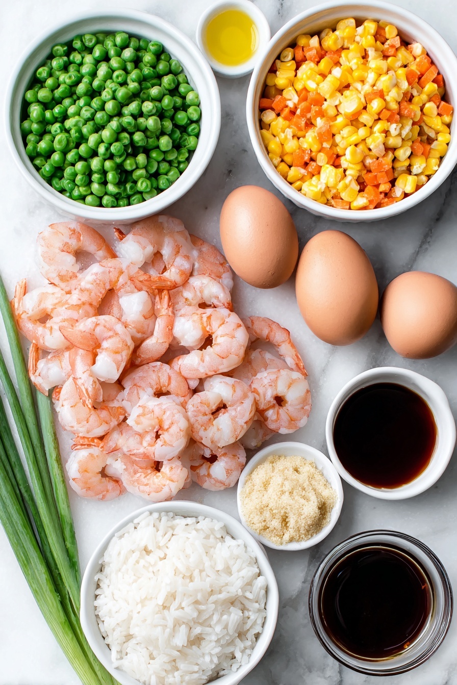Flat lay of medium-large fresh raw shrimp with pink shells and translucent flesh, a small white ceramic bowl of bright orange frozen diced carrots mixed with green peas, a small white ceramic bowl of yellow frozen corn kernels, three whole large brown eggs with clean shells, a few thin green onion stalks sliced into delicate rounds, a small white ceramic bowl of finely minced white garlic cloves, a small white ceramic bowl of pale beige ground ginger powder, a small white ceramic bowl of dark brown low-sodium soy sauce, a simple mound of cooked white rice grains, a small white ceramic bowl of golden sesame oil, a small white ceramic bowl of pale yellow canola oil, small piles of coarse sea salt and freshly ground black pepper, all ingredients evenly spaced in perfect symmetry and realistic proportions, placed on a clean white marble surface, soft natural light, photo taken with an iPhone, professional food photography style, fresh ingredients, white ceramic bowls, no bottles, no duplicates, no utensils, no packaging --ar 2:3 --v 7 --p m7354615311229779997 - Homemade Shrimp Fried Rice, shrimp fried rice recipe, easy shrimp fried rice, quick stir-fry recipes, homemade Asian fried rice