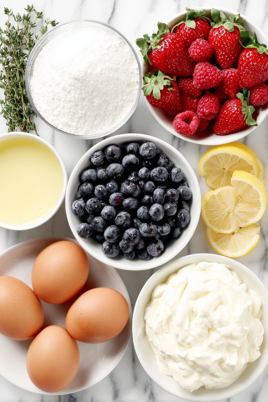 Flat lay of a small white ceramic bowl with powdered gelatin sprinkled over fresh whole milk, a handful of bright red chopped strawberries mixed with plump fresh raspberries and blueberries, a few sprigs of fresh green thyme leaves, a small white bowl of granulated sugar, a simple whole lemon half with a wedge cut out, a small white bowl filled with freshly squeezed lemon juice, a small mound of creamy plain Greek yogurt on a white ceramic plate, a few strips of bright yellow lemon zest arranged neatly on a white plate, and two whole uncracked brown eggs placed symmetrically — all ingredients fresh and natural in realistic proportions, perfectly balanced and symmetrical, placed on a clean white marble surface, soft natural light, photo taken with an iPhone, professional food photography style, fresh ingredients, white ceramic bowls, no bottles, no duplicates, no utensils, no packaging --ar 2:3 --v 7 --p m7354615311229779997 - Greek Yogurt Panna Cotta with Thyme Berries, Greek yogurt dessert, easy panna cotta recipes, berry and thyme dessert, light summer desserts