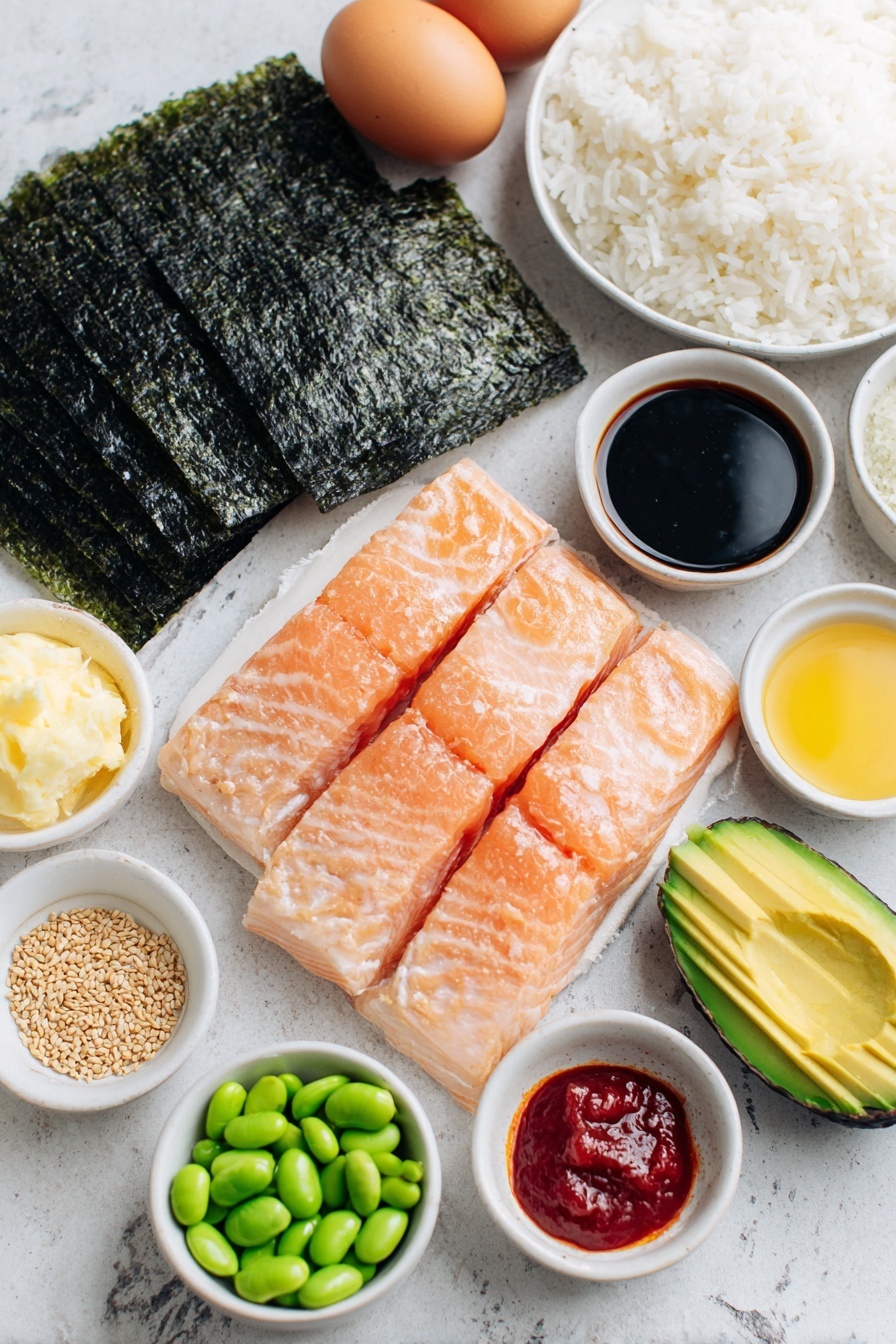 Flat lay of a fresh center-cut salmon filet with skin removed, two whole uncracked brown eggs, a small white bowl of dark soy sauce, a small white bowl of golden honey, a small white bowl of bright red sriracha, two whole garlic cloves, a small white bowl of freshly grated ginger, a small white bowl of creamy kewpie mayonnaise, a small white bowl of toasted sesame oil, a mound of steamed white rice on a simple white ceramic plate, two Persian cucumbers cut into half moons, a sliced ripe avocado fanned out on a white ceramic dish, a small white bowl of bright green shelled edamame, a scattering of sesame seeds on a plain white surface, and a few sheets of dark green nori, all arranged with perfect symmetry and realistic proportions, placed on a clean white marble surface, soft natural light, photo taken with an iPhone, professional food photography style, fresh ingredients, white ceramic bowls, no bottles, no duplicates, no utensils, no packaging --ar 2:3 --v 7 --p m7354615311229779997 - Salmon Rice Bowls with Spicy Mayo, Asian salmon bowls, healthy salmon bowl recipe, quick salmon dinner, easy salmon rice dish