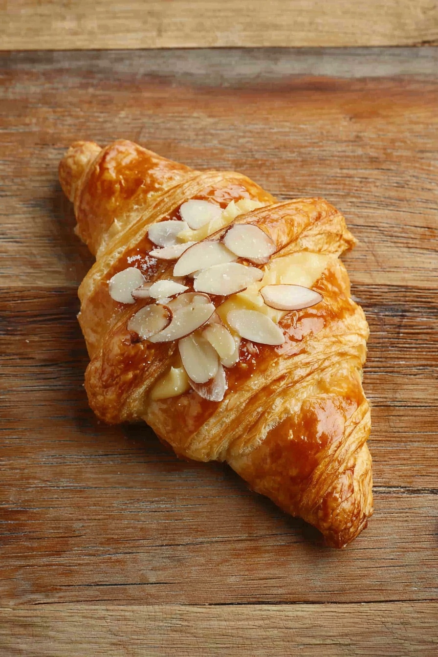 A single golden brown croissant is placed on a wooden surface with visible grain patterns. It has a shiny, flaky crust with multiple folded layers giving it a textured look. On top, there is a spread of light yellow almond cream filling that is slightly thick and smooth. This filling is generously covered with thin white almond slices scattered unevenly but fully covering the cream. photo taken with an iphone --ar 2:3 --v 7 - Twice Baked Almond Croissants, almond croissants, how to make almond croissants, breakfast croissant recipes, decadent croissant desserts