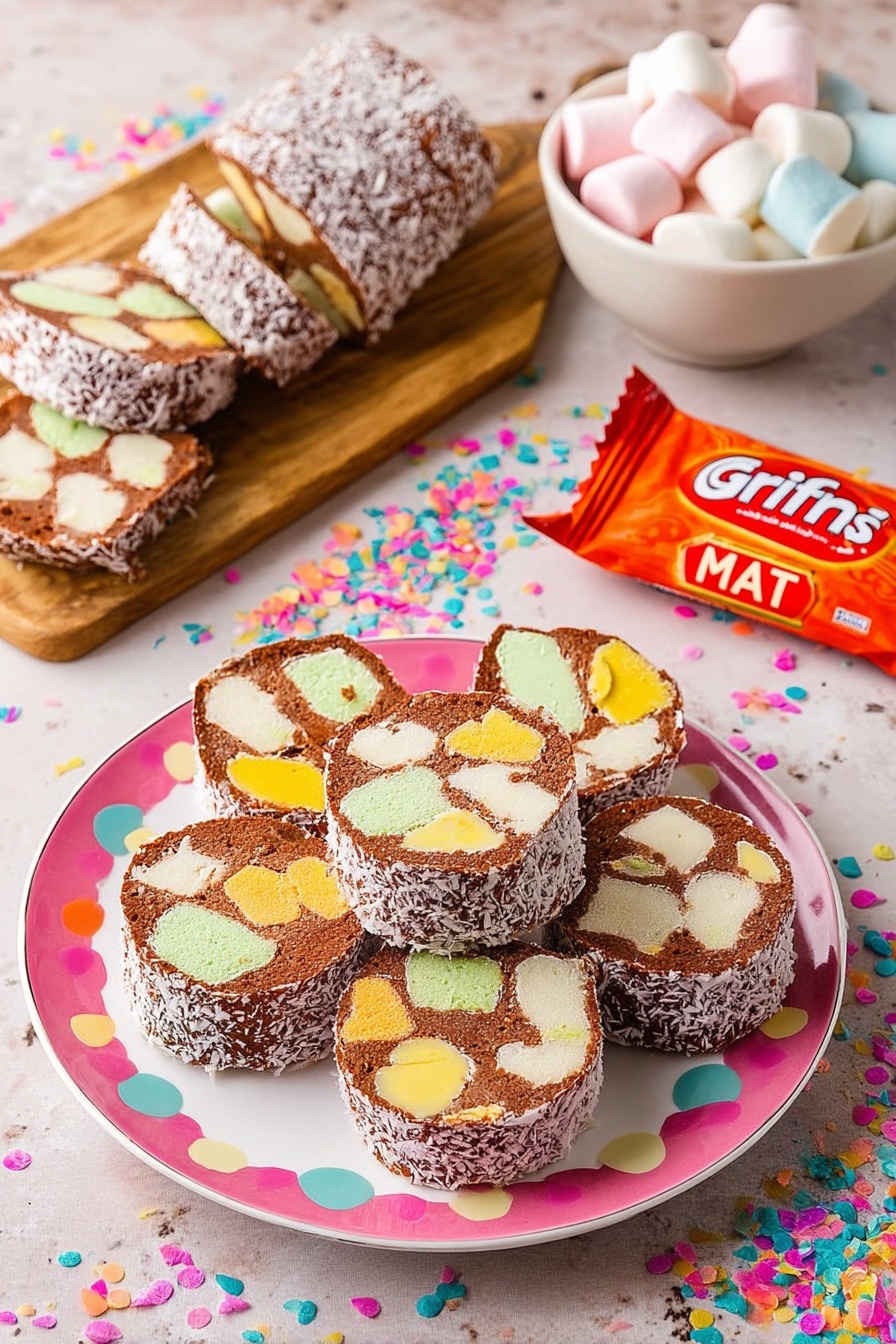 The image shows six thick round slices of a dessert with a dark brown base filled with colorful pastel pieces in green, yellow, white, and pink. The edges of each slice are coated in white coconut flakes, giving a textured look. These slices are arranged on a white plate with a pink rim and a colorful polka dot pattern, placed on a white marbled surface sprinkled with vibrant confetti dots. Behind the plate, there is a wooden board with two more upright slices and a white bowl filled with pastel-colored marshmallows. A red and orange packet labeled