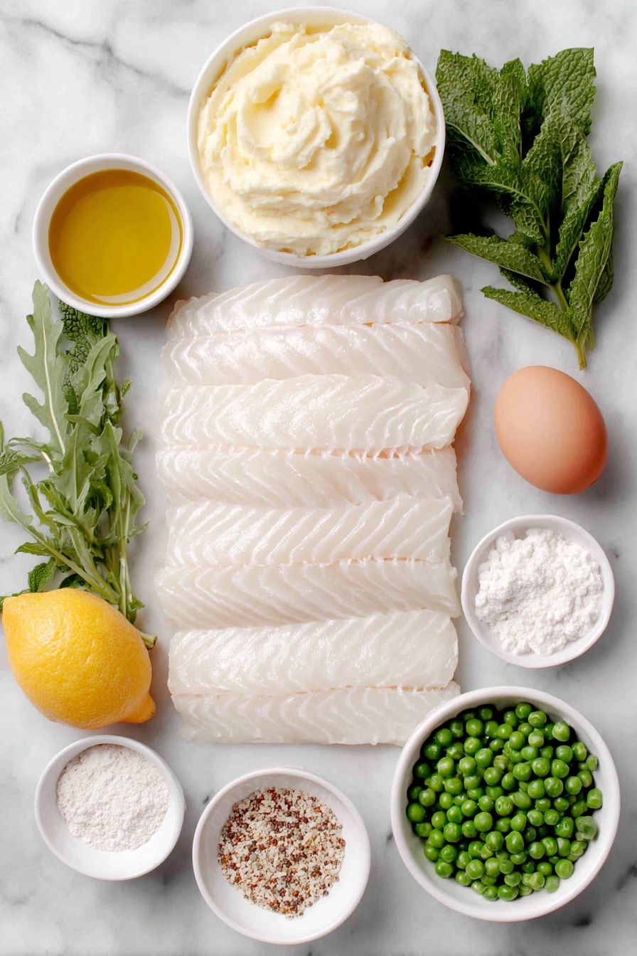 Flat lay of fresh white fish fillets, a small white ceramic bowl of olive oil, a generous mound of frozen mashed potatoes, a single whole uncracked egg with a smooth shell, a whole lemon cut in half showing bright yellow flesh and zesty peel, a small white ceramic bowl heaped with creamy aioli, a small white ceramic bowl of plain white flour, a small white ceramic bowl of wholegrain mustard with visible mustard seeds, a small white ceramic bowl of vibrant green frozen peas, a handful of fresh mint sprigs with bright green leaves, and a small pile of fresh rocket leaves all arranged symmetrically in perfect proportions, placed on a clean white marble surface, soft natural light, photo taken with an iPhone, professional food photography style, fresh ingredients, white ceramic bowls, no bottles, no duplicates, no utensils, no packaging --ar 2:3 --v 7 --p m7354615311229779997 - Lemon Fish Cakes with Spring Pea Salad, fish cake recipes, lemon seafood dishes, easy spring salad recipes, quick fish dinner ideas