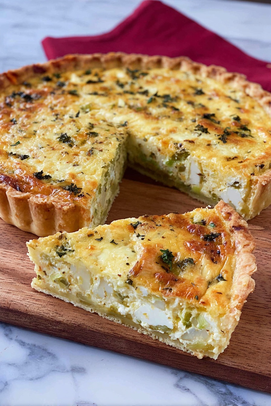 A quiche with a golden, flaky crust forms the bottom and edges, holding a thick, creamy filling that is pale yellow with bits of green vegetables and white cheese spread throughout. The surface is lightly browned with small browned spots and sprinkled green herb leaves for texture. One large slice is placed in front, showing the soft, moist inside layered evenly with cheese and vegetables, next to the rest of the quiche on a wooden board with a red cloth in the background. The setting is on a white marbled surface. photo taken with an iphone --ar 2:3 --v 7 - Leek and Goat Cheese Tart, savory leek tart, goat cheese tart, easy leek tart recipe, brunch leek tart