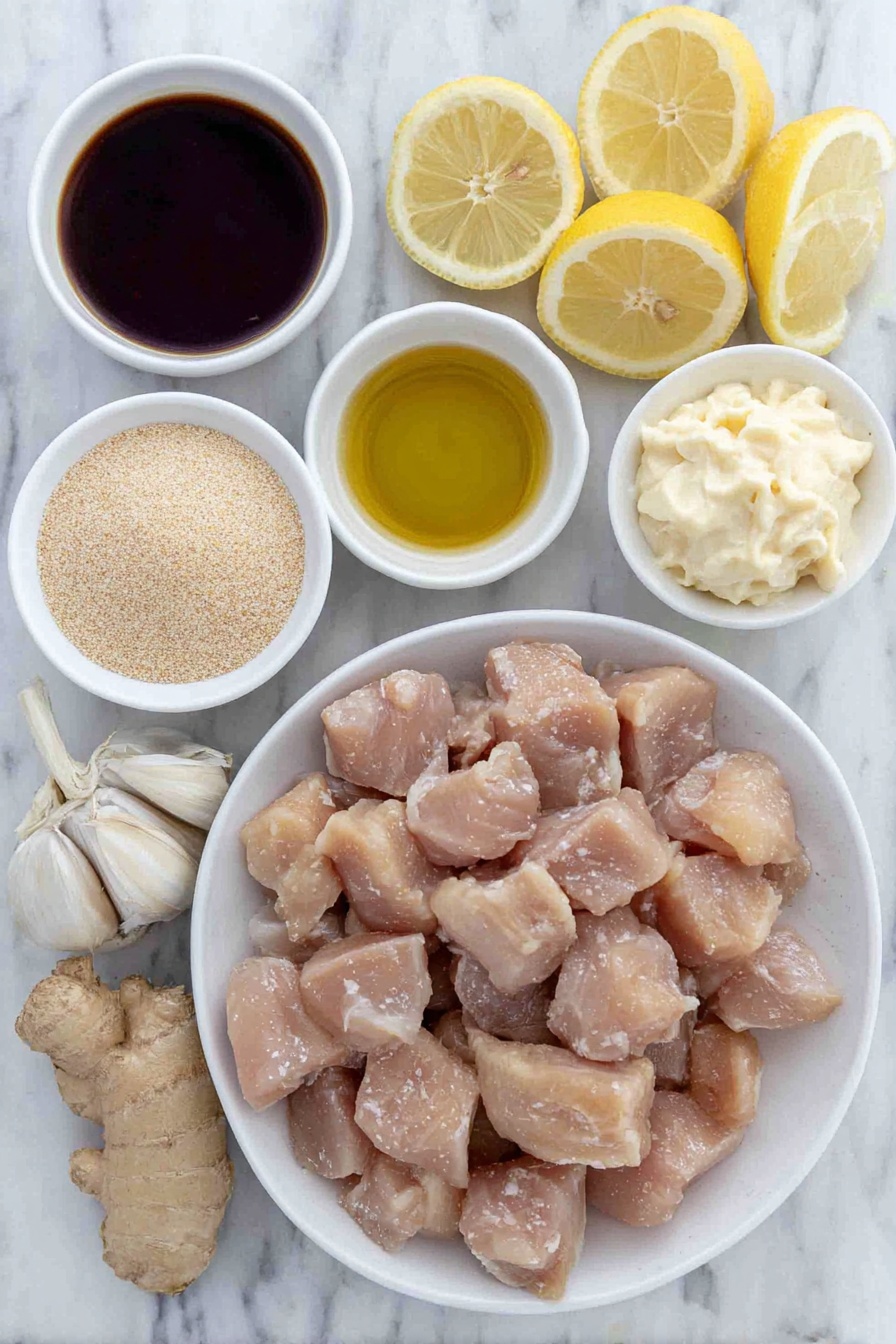 Flat lay of boneless chicken thighs cut into bite-sized pieces arranged neatly, a small white bowl of dark soy sauce, a small white bowl of clear rice wine vinegar, two cloves of garlic with papery skin partially peeled, a small pile of freshly grated ginger root, a small white bowl of amber sesame oil, a small white bowl filled with fine pale cornflour, a dollop of creamy Japanese kewpie mayo on a white ceramic dish, and three bright yellow lemon wedges placed symmetrically, all placed on a clean white marble surface, soft natural light, photo taken with an iPhone, professional food photography style, fresh ingredients, white ceramic bowls, no bottles, no duplicates, no utensils, no packaging --ar 2:3 --v 7 --p m7354615311229779997 - Air Fryer Karaage Chicken, Japanese fried chicken, crispy chicken recipe, healthy fried chicken, easy air fryer chicken