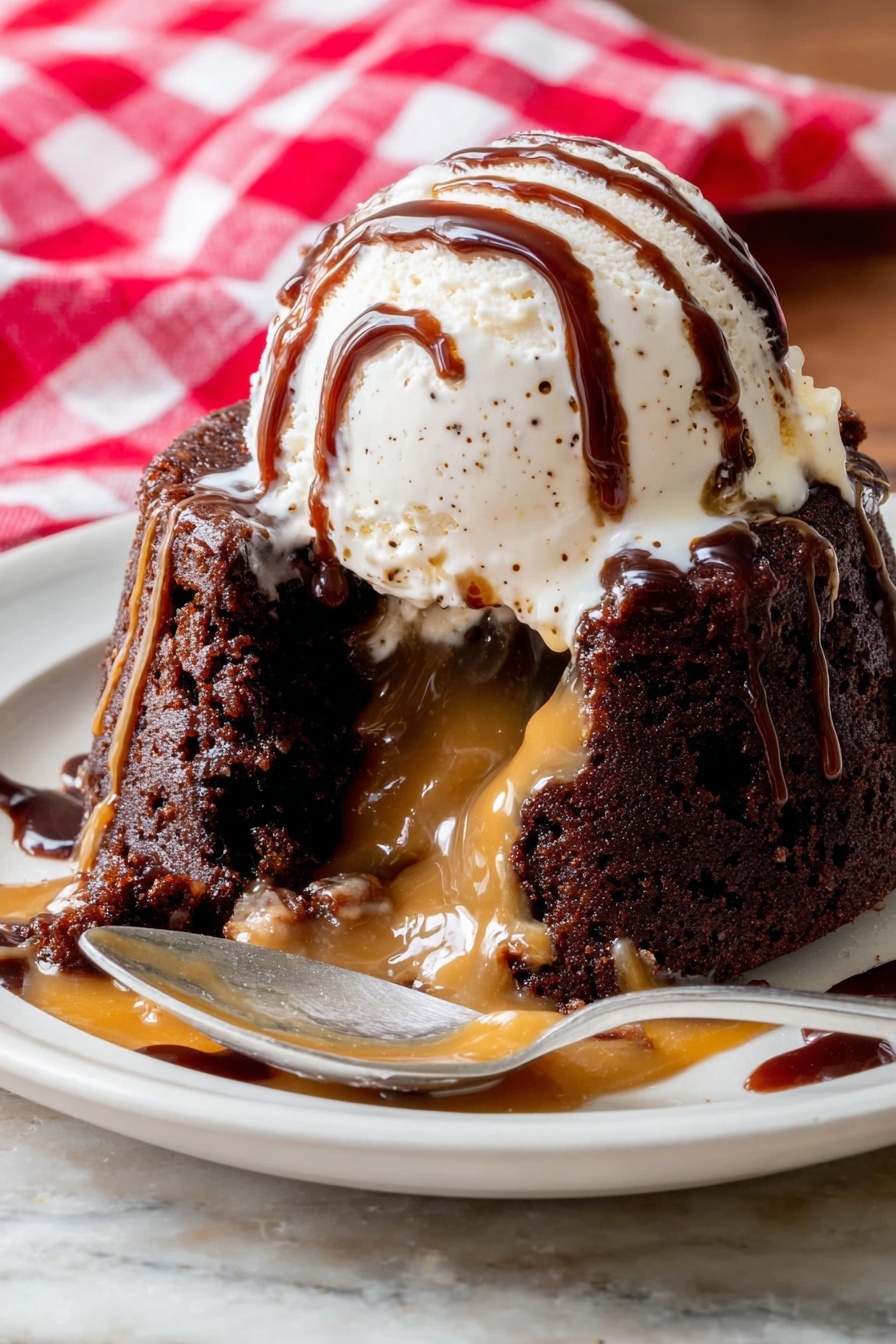The image shows a white plate with a rich dark brown chocolate cake that is soft and moist. The cake has been opened, revealing a smooth and creamy light brown caramel filling flowing out. On top of the cake, there is a scoop of white vanilla ice cream with visible tiny dark specks, topped with drizzles of light brown caramel sauce and dark chocolate sauce. The sauces gently drip down the sides of the ice cream and cake, mixing with the melting ice cream pooling on the plate. A spoon is placed next to the cake on the plate, all set on a white marbled surface with a red and white checkered cloth in the background. photo taken with an iphone --ar 2:3 --v 7 - Peanut Butter Chocolate Lava Cakes, molten chocolate peanut butter desserts, easy molten lava cake recipe, decadent peanut butter chocolate cake, quick chocolate lava dessert