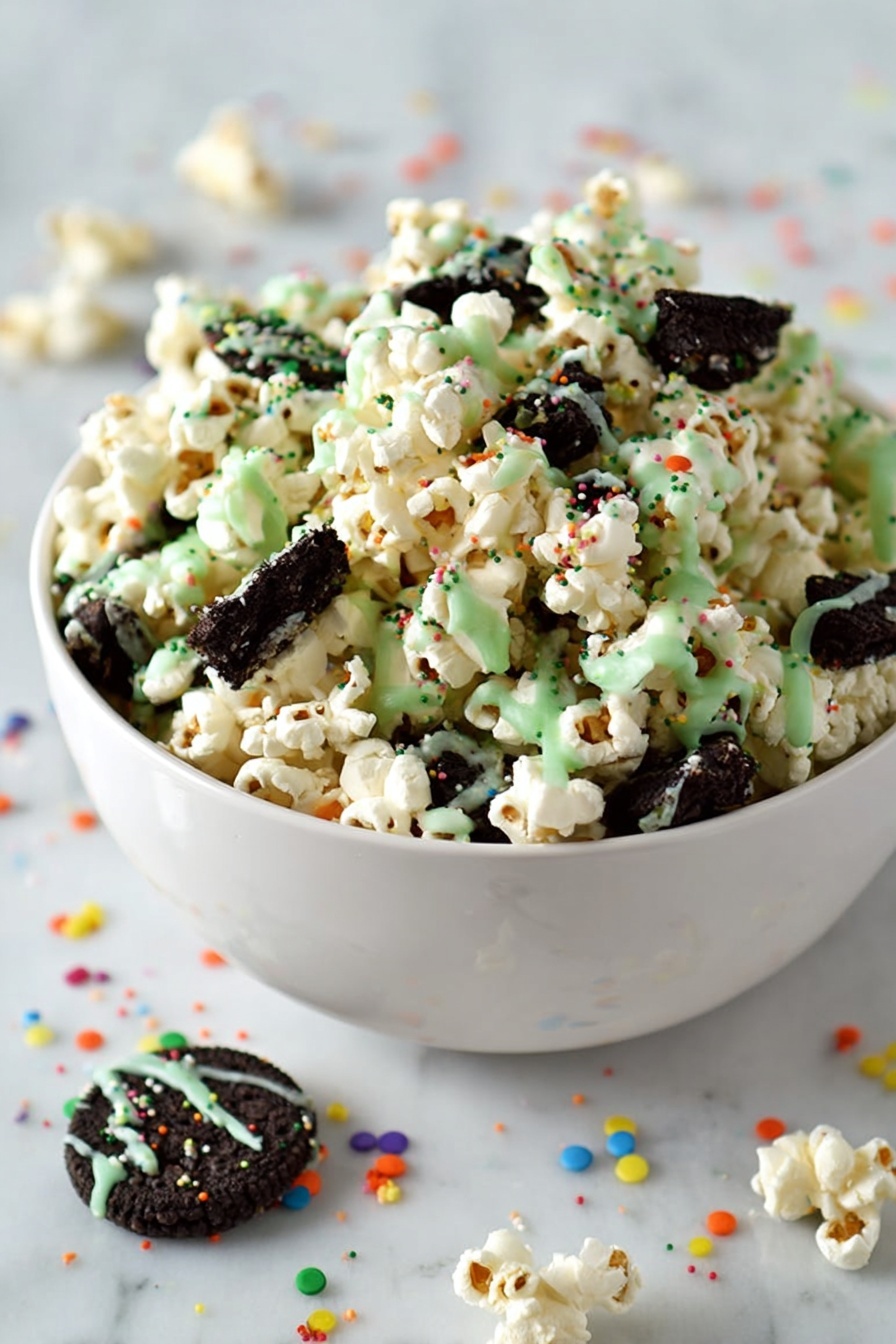 A large white bowl filled with white popcorn mixed with pieces of dark chocolate cookies. The popcorn and cookie pieces are drizzled with light green icing and topped with small, round, colorful sprinkles in red, yellow, blue, green, and white. Around the bowl, a few scattered pieces of popcorn and cookies with the same green icing and sprinkles rest on a white marbled surface. The colors contrast well, creating a playful and festive snack look. photo taken with an iphone --ar 2:3 --v 7 - Mint Chocolate Popcorn, Mint Chocolate Snack, Easy Mint Popcorn, Chocolate Mint Treat, Festive Snack Ideas