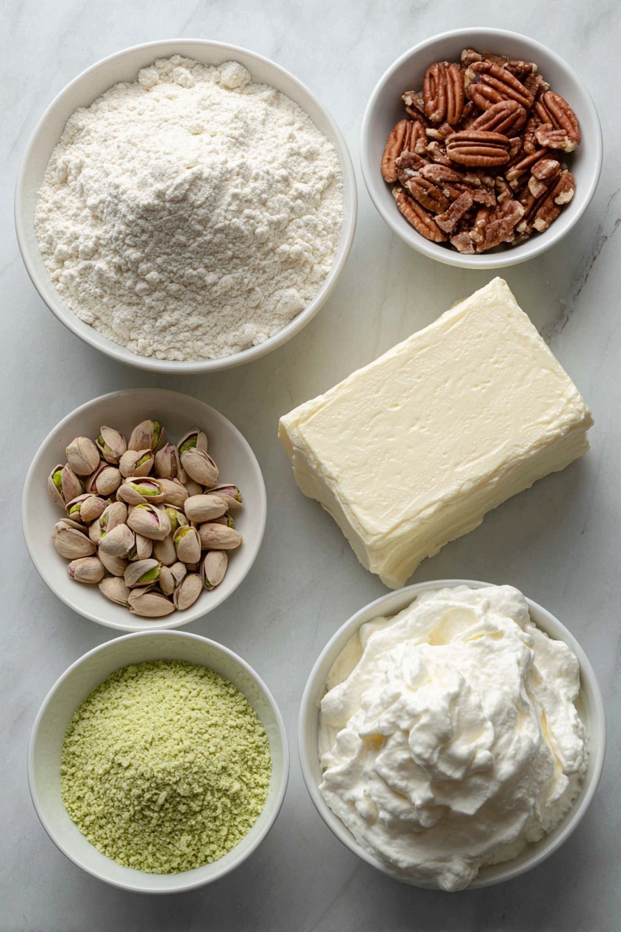 Flat lay of a small mound of all-purpose flour, a square pat of melted butter in a simple white bowl, a handful of finely chopped pecans scattered beside it, a block of cream cheese with a smooth surface, a small white bowl filled with powdered sugar, a generous dollop of fluffy whipped cream in another white bowl, a white bowl containing bright green pistachio instant pudding powder, a white bowl of whole milk, a small pile of shelled pistachios, placed on a clean white marble surface, soft natural light, photo taken with an iPhone, professional food photography style, fresh ingredients, white ceramic bowls, no bottles, no duplicates, no utensils, no packaging --ar 2:3 --v 7 --p m7354615311229779997 - Layered Pistachio Dessert, pistachio dessert, no-bake pistachio treat, festive pistachio layered dessert, easy pistachio layered dessert