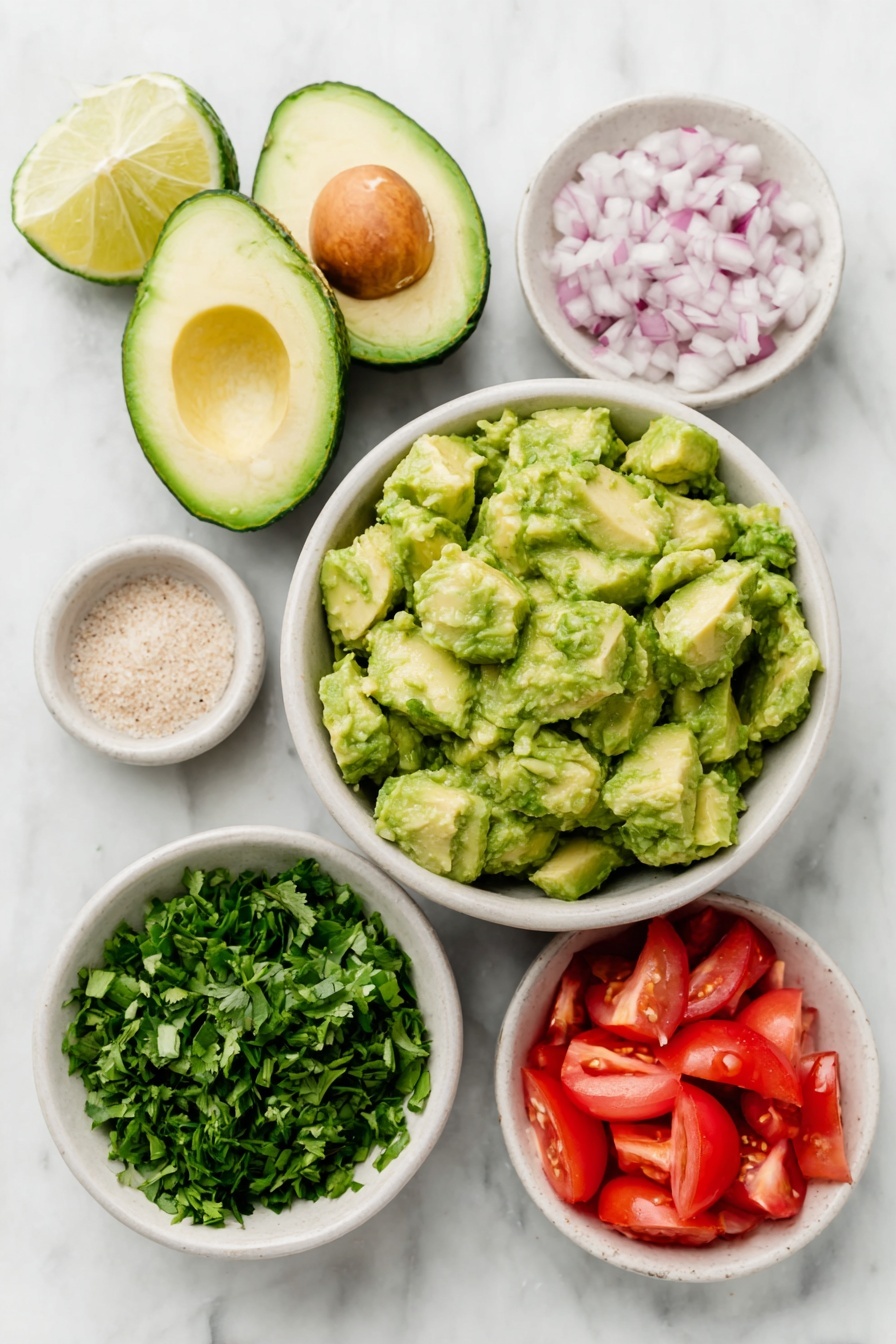 Flat lay of three ripe avocados, a small mound of diced red onion, a small pile of finely chopped fresh cilantro, zest and a small white bowl of fresh lime juice, one small diced jalapeño pepper, a small white bowl of sea salt, a small white bowl of ground cumin, two fresh Roma tomatoes halved and diced, all arranged in perfect symmetry on simple white ceramic bowls and plates, placed on a clean white marble surface, soft natural light, photo taken with an iPhone, professional food photography style, fresh ingredients, white ceramic bowls, no bottles, no duplicates, no utensils, no packaging --ar 2:3 --v 7 --p m7354615311229779997 - Easy Homemade Guacamole, how to make guacamole, simple guacamole recipe, fresh guacamole dip, best guacamole recipe