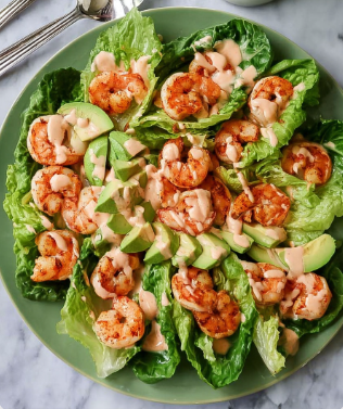 A round green plate holds a salad with three main layers. The bottom layer is made of large, fresh green lettuce leaves arranged in a circular pattern, with their ruffled edges pointing outwards. The middle layer has slices of bright green avocado spread evenly over the lettuce. The top layer holds grilled shrimp with pinkish-orange color and slight char marks, arranged in a scattered pattern over the avocado. The salad is drizzled with a light pink creamy sauce. The plate is on a white marbled surface, with two shiny metal spoons placed at the top left and a small white pitcher with some light pink sauce spilling over the edge on the top right. photo taken with an iphone --ar 2:3 --v 7 - Prawn Cocktail Salad with Avocado, easy prawn cocktail salad, creamy prawn avocado salad, quick seafood salad, appetizer recipes with prawns