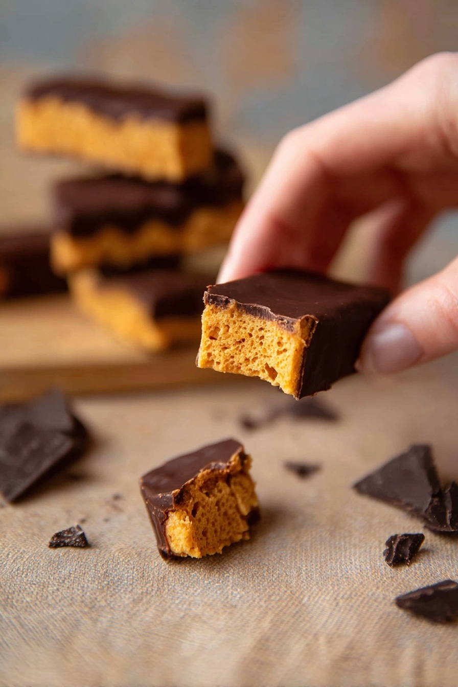 A close-up image of a woman's hand holding a small rectangular treat with two layers: the inside is a light orange, crumbly honeycomb texture, and the outside is a smooth, dark chocolate coating, partially bitten to reveal the inside. The background shows more pieces of the same treat broken into various sizes scattered on a light brown textured surface with a few dark chocolate pieces nearby. The background is softly blurred to focus on the hand and the treat photo taken with an iphone --ar 2:3 --v 7 - Easy Honeycomb Toffee, Honeycomb Toffee Recipe, How to Make Honeycomb Toffee, Crunchy Honeycomb Candy, Simple Toffee Recipe