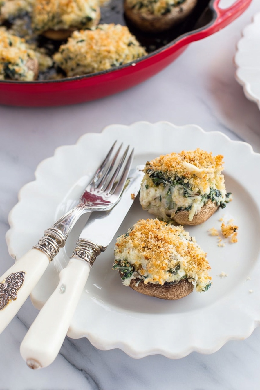 The image shows two stuffed mushrooms placed on a white scalloped plate, sliced in half to reveal a thick stuffing layer that is creamy white with green spinach pieces and a crumbly golden-brown topping, sprinkled lightly with breadcrumbs. The mushrooms themselves are light brown and form the base layer under the stuffing. Next to the mushrooms lies a white-handled fork and knife with silver detailing, resting diagonally on the plate. In the background, a red cast iron pan with three more stuffed mushrooms inside sits on a white marbled surface, matching the plate below. The overall scene has soft natural lighting creating a fresh and appetizing atmosphere photo taken with an iphone --ar 2:3 --v 7 - Spinach and Artichoke Stuffed Mushrooms, stuffed mushrooms appetizer, creamy veggie stuffed mushrooms, cheesy mushroom appetizer, easy stuffed mushroom recipe