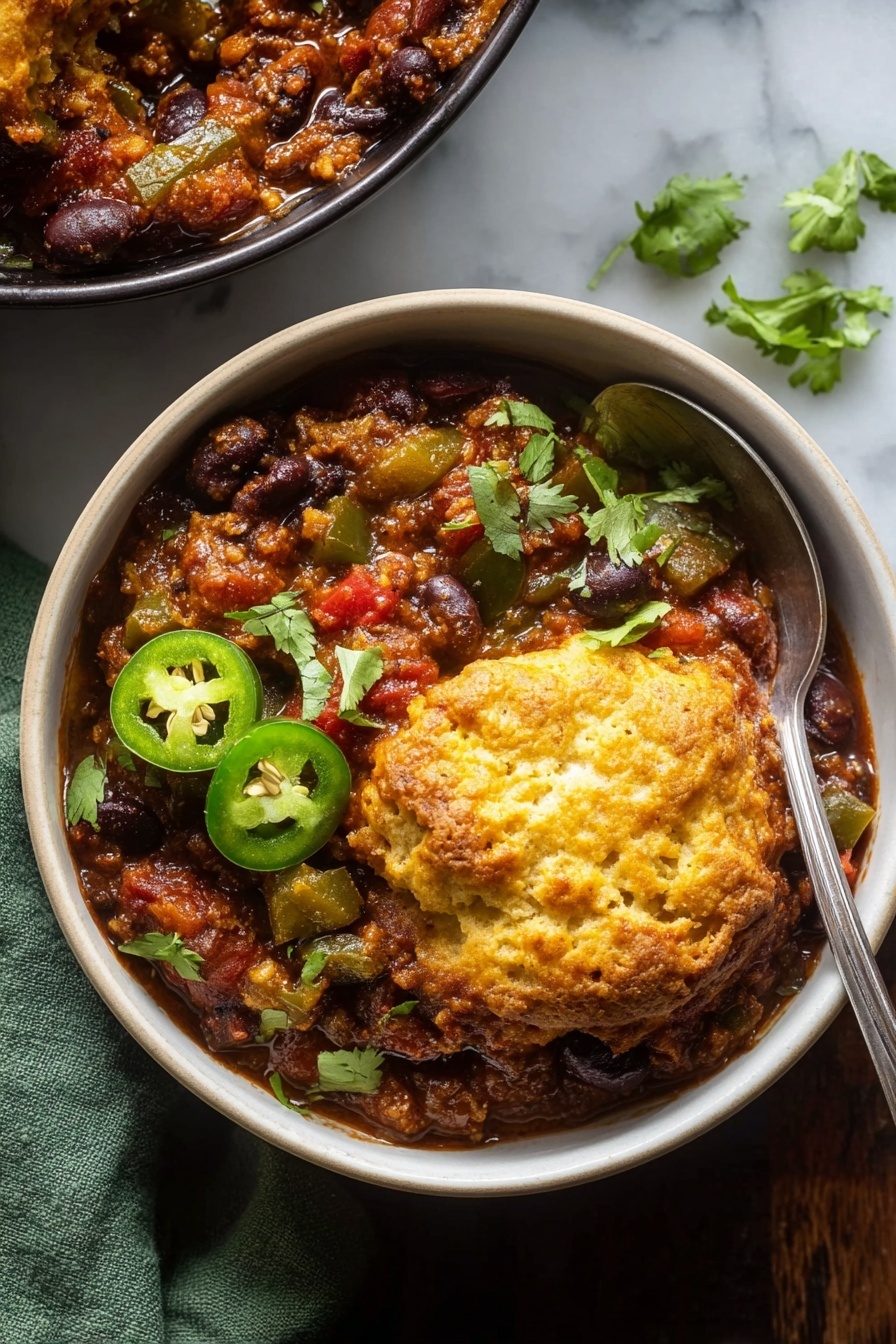 A bowl filled with thick chili showing three layers: the bottom layer is a chunky mix of dark brown beans, diced green bell peppers, and red tomatoes in a rich sauce with a glossy texture; the middle layer has a golden-brown biscuit topping that looks crispy around the edges and soft inside, slightly cracked on top; the top layer features fresh green jalapeño slices and bright green cilantro leaves scattered over the chili and biscuit. A silver spoon rests inside the white bowl on the right side, and the background is a white marbled surface with a green cloth partially visible. Photo taken with an iphone --ar 2:3 --v 7 - Black Bean Chili with Cornbread Biscuits, hearty chili and cornbread biscuits, easy black bean chili recipe, flavorful vegetarian chili, comforting chili and cornbread
