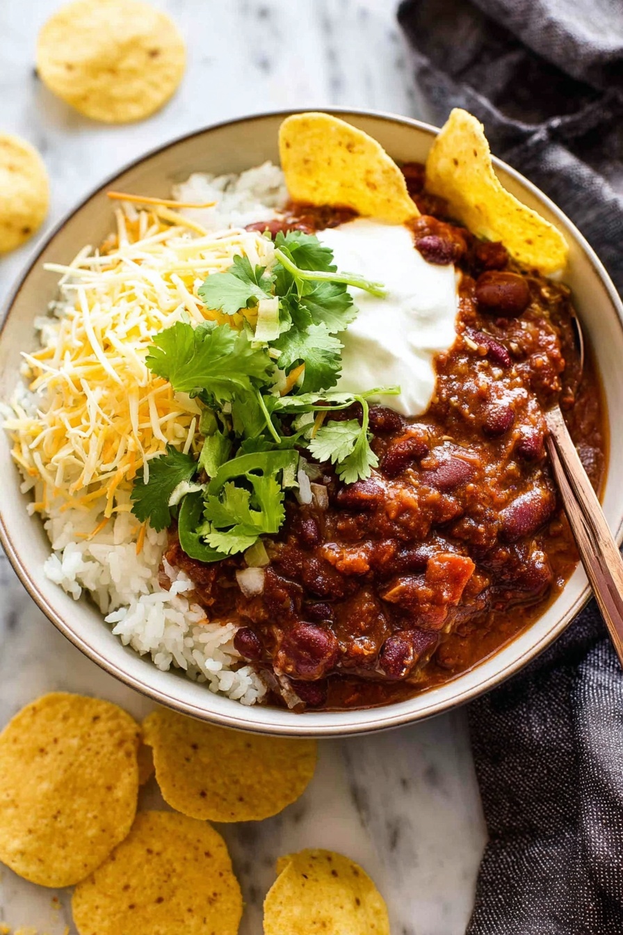 A white bowl filled with three main layers is shown on a white marbled surface scattered with some round yellow corn chips. The bottom layer is white cooked rice with a soft texture, topped with a thick dark reddish-brown chili with visible beans and small pieces of vegetables. Above the chili, there is a dollop of smooth white sour cream followed by a small pile of shredded pale yellow cheese. On top, a few fresh bright green cilantro leaves are placed as garnish. A light brown spoon rests inside the bowl, and one yellow corn chip is dipped slightly into the chili. The photo taken with an iphone --ar 2:3 --v 7 - Classic Beef Chilli Con Carne, beef chili recipe, hearty chili, homemade chili con carne, spicy beef chili