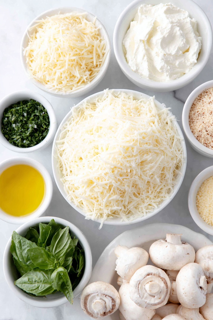 Flat lay of a whole block of cream cheese, a small white bowl of mayonnaise, a small white bowl with grated Parmigiano Reggiano, a small white bowl with Italian 4-cheese shredded mix, a small white bowl containing minced garlic, a small white bowl of garlic salt, a small white bowl with chopped fresh spinach, a small white bowl filled with chopped artichoke hearts, a few sprigs of fresh basil, a cluster of 12 large white stuffing mushrooms (about 2-1/2 inch diameter), a small white bowl with shredded mozzarella, a small white bowl with unseasoned Panko breadcrumbs, a small white bowl with grated Parmigiano Reggiano, a small white bowl of olive oil, placed on a clean white marble surface, soft natural light, photo taken with an iPhone, professional food photography style, fresh ingredients, white ceramic bowls, no bottles, no duplicates, no utensils, no packaging --ar 2:3 --v 7 --p m7354615311229779997 - Spinach and Artichoke Stuffed Mushrooms, stuffed mushrooms appetizer, creamy veggie stuffed mushrooms, cheesy mushroom appetizer, easy stuffed mushroom recipe