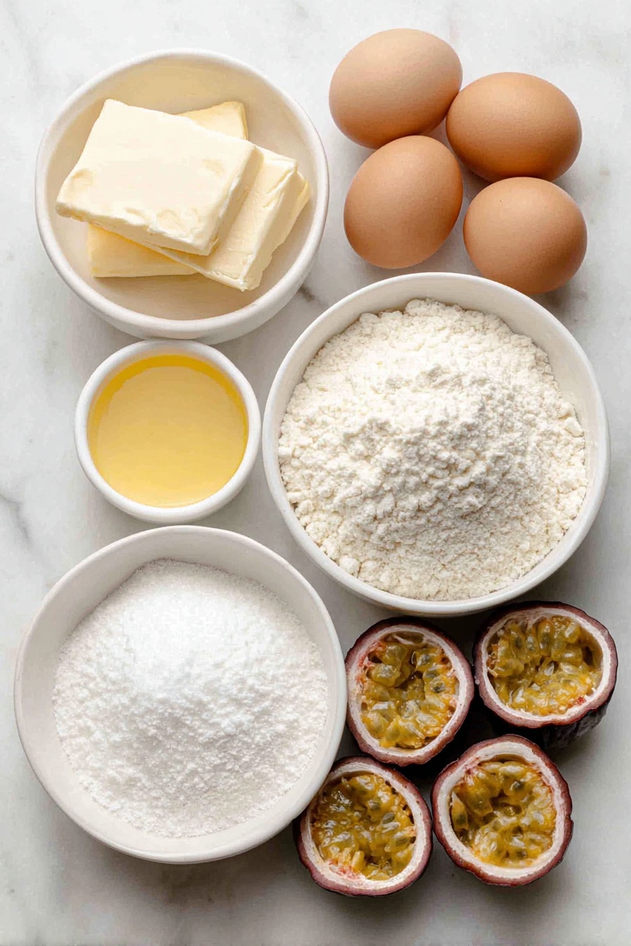 Flat lay of a small pile of soft unsalted butter, a small heap of granulated cane sugar, four whole brown eggs with clean shells, a white ceramic bowl filled with almond flour, another white ceramic bowl with cake flour, fresh whole lemons with finely grated lemon zest, a small white bowl of bright yellow lemon juice, a small white bowl of golden passion fruit juice without seeds, and a few fresh passion fruits cut open showing vibrant yellow pulp and black seeds arranged symmetrically around the bowls, placed on a clean white marble surface, soft natural light, photo taken with an iPhone, professional food photography style, fresh ingredients, white ceramic bowls, no bottles, no duplicates, no utensils, no packaging --ar 2:3 --v 7 --p m7354615311229779997 - Passion Fruit Lemon Drizzle Cake, tropical lemon cake, easy citrus dessert, moist passion fruit cake, fruity drizzle cake