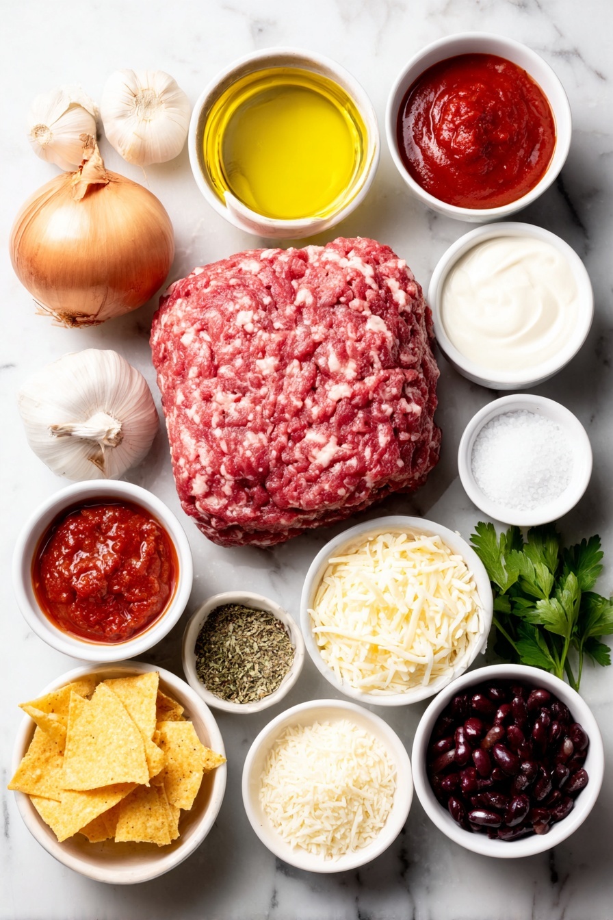 Flat lay of a small white ceramic bowl of golden olive oil, three whole garlic cloves with papery skins, one whole brown onion, one whole red capsicum (bell pepper), a mound of fresh raw ground beef, a small white ceramic bowl of bright red tomato paste, a small white ceramic bowl of crushed ripe tomatoes, a small white ceramic bowl of drained red kidney beans, two crumbled beef bouillon cubes placed neatly, a small white ceramic bowl of granulated sugar, a small white ceramic bowl of deep red cayenne pepper powder, a small white ceramic bowl of vibrant orange paprika powder, a small white ceramic bowl of light brown cumin powder, a small white ceramic bowl of pale garlic powder, a small white ceramic bowl of pale onion powder, a small white ceramic bowl of dried green oregano leaves, a small white ceramic bowl of coarse kosher salt, a small pile of uncooked long grain white rice grains, a small handful of yellow corn chips, a small white ceramic bowl of thick white sour cream, a small white ceramic bowl of grated pale yellow cheese, and a small bunch of fresh green coriander leaves, all arranged with perfect symmetry and balanced proportions, placed on a clean white marble surface, soft natural light, photo taken with an iPhone, professional food photography style, fresh ingredients, white ceramic bowls, no bottles, no duplicates, no utensils, no packaging --ar 2:3 --v 7 --p m7354615311229779997 - Classic Beef Chilli Con Carne, beef chili recipe, hearty chili, homemade chili con carne, spicy beef chili