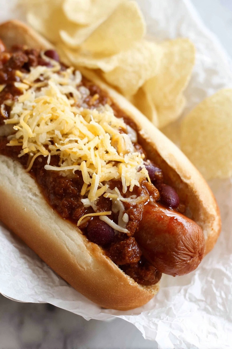 A close-up of a white soft hot dog bun filled with a shiny grilled sausage topped with thick chili with visible red kidney beans and finely ground meat, layered with shredded pale yellow cheese scattered on top; to the side, there are some thin pale yellow potato chips resting on the bun, all placed on white paper over a white marbled surface. Photo taken with an iphone --ar 2:3 --v 7 - Classic Beef Chilli Con Carne, beef chili recipe, hearty chili, homemade chili con carne, spicy beef chili