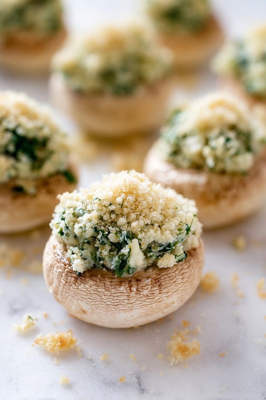 The image shows several mushroom caps placed on a white marbled surface, each filled with a dense, creamy mixture of chopped green herbs and white filling, topped with a fine, crumbly pale yellow layer. The mushroom caps are light beige with natural textures and slight brown spots. The filling is heaped high so it forms a rounded mound over the edge of each cap. Some small crumbs are scattered loosely around the mushrooms on the smooth white marbled background. The focus is strong on the mushroom in the front, with the others softly blurred behind it. photo taken with an iphone --ar 2:3 --v 7 - Spinach and Artichoke Stuffed Mushrooms, stuffed mushrooms appetizer, creamy veggie stuffed mushrooms, cheesy mushroom appetizer, easy stuffed mushroom recipe